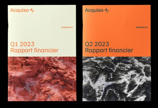 Two financial report brochures for Acquiso featuring typography and abstract landscape photography on the covers