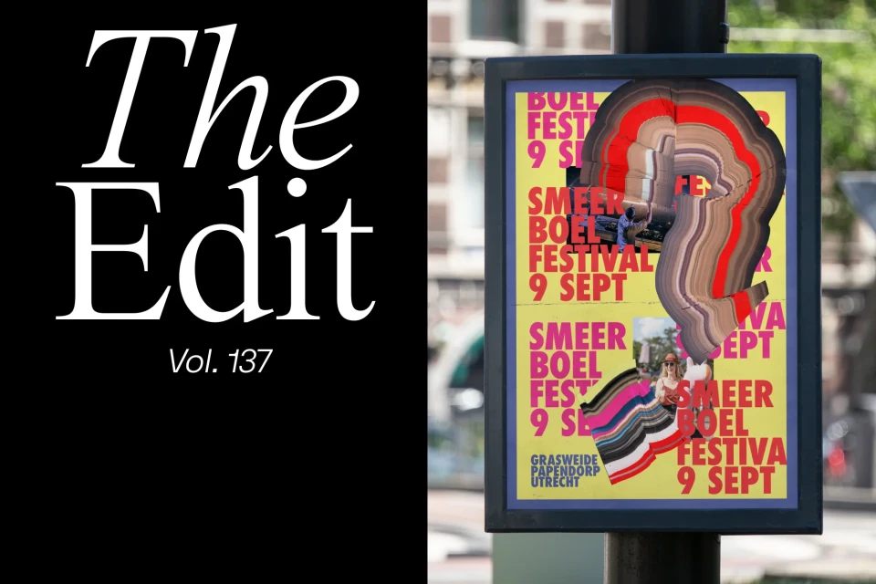 A promotional poster on a utility pole for the 'Smeerboel Festival' is displayed outdoors. A black panel to the left reads 'The Edit Vol. 137'.