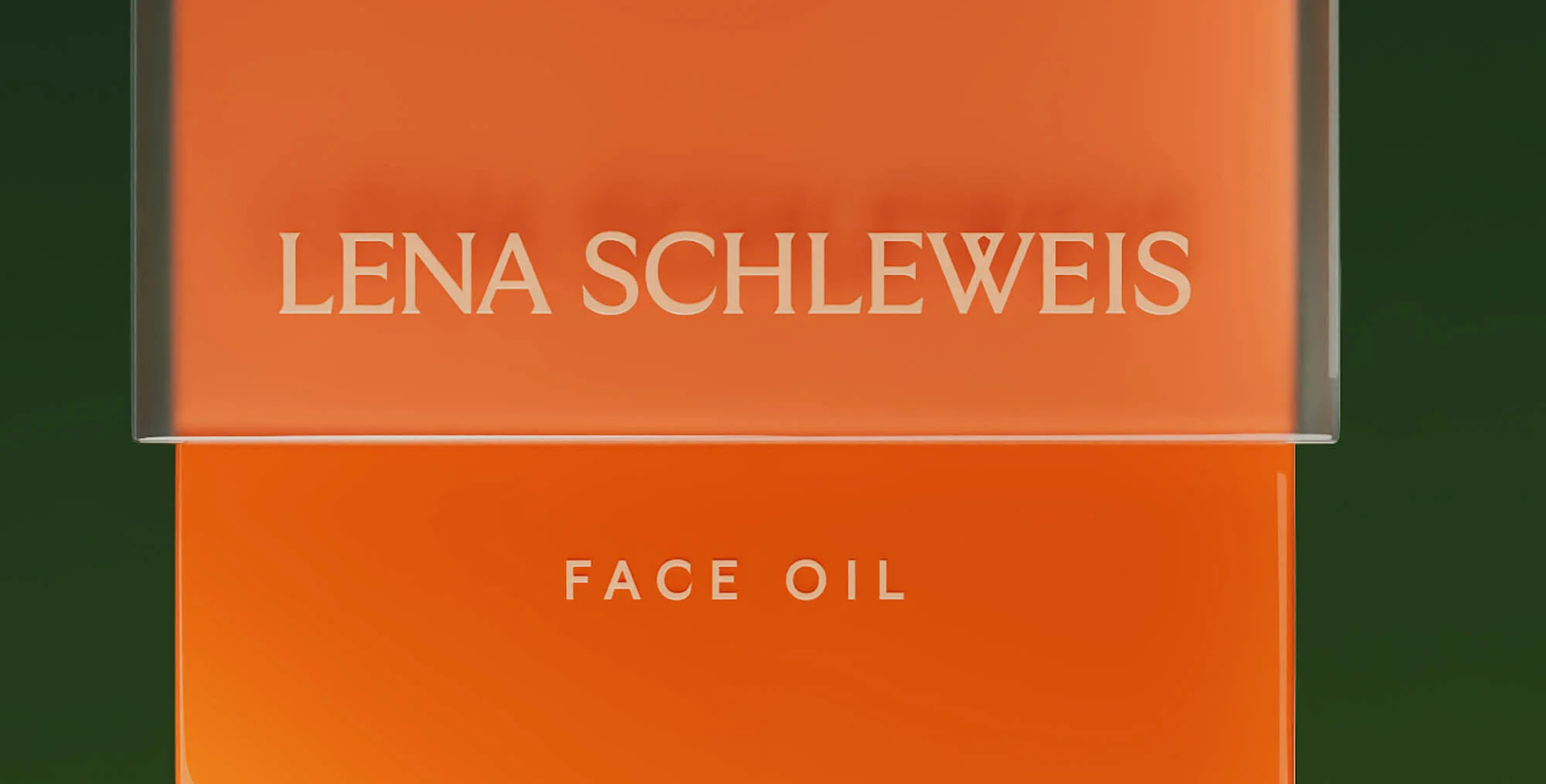 Close-up shot of Lena Schleiweis Face Oil against a green background, highlighting the product name and bottle design.