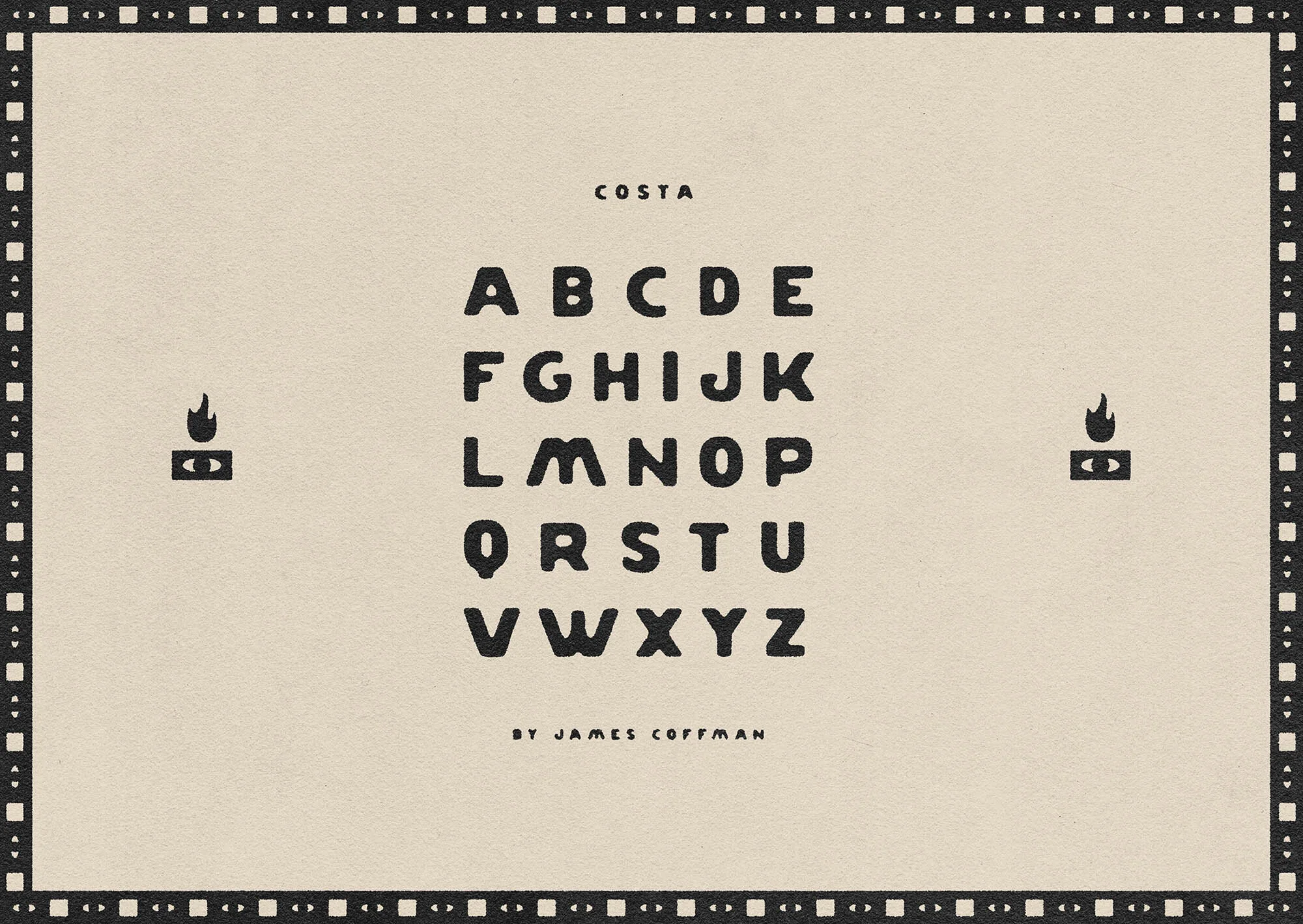 Retro font design featuring blocky capital letters A-Z, 'Costa' title, flame icons, 'James Coffman' credit on beige paper texture with decorative border.