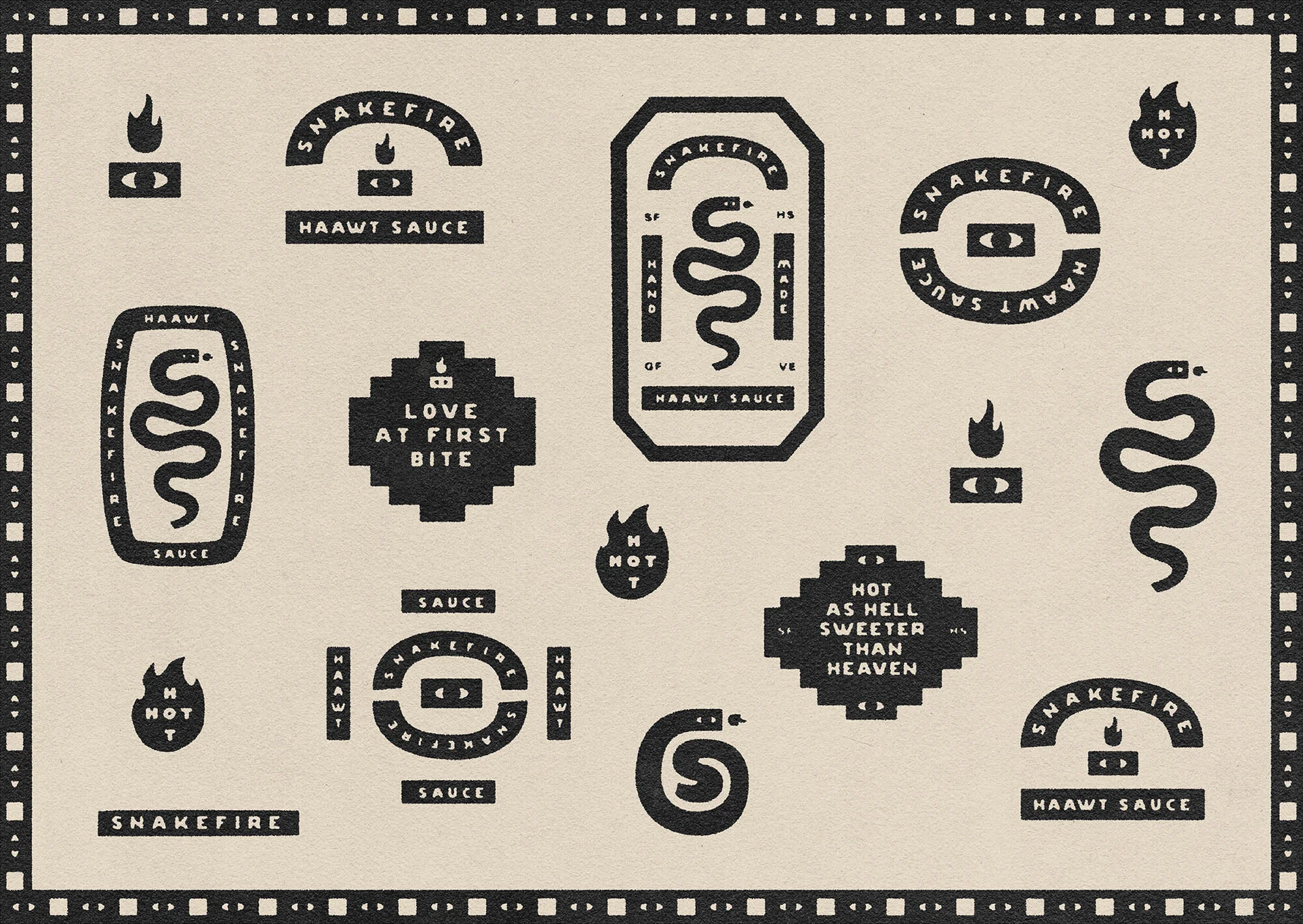 Graphic art featuring assorted logos and emblems with snakes, flames, and text promoting 'Snakefire' and 'Haawt Sauce' on a neutral backdrop.