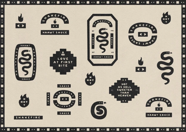 Graphic art featuring assorted logos and emblems with snakes, flames, and text promoting 'Snakefire' and 'Haawt Sauce' on a neutral backdrop.