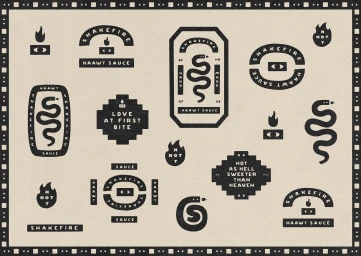 Set of black graphic branding badges and serpent illustrations for Snakefire on off-white textured paper with a geometric border.
