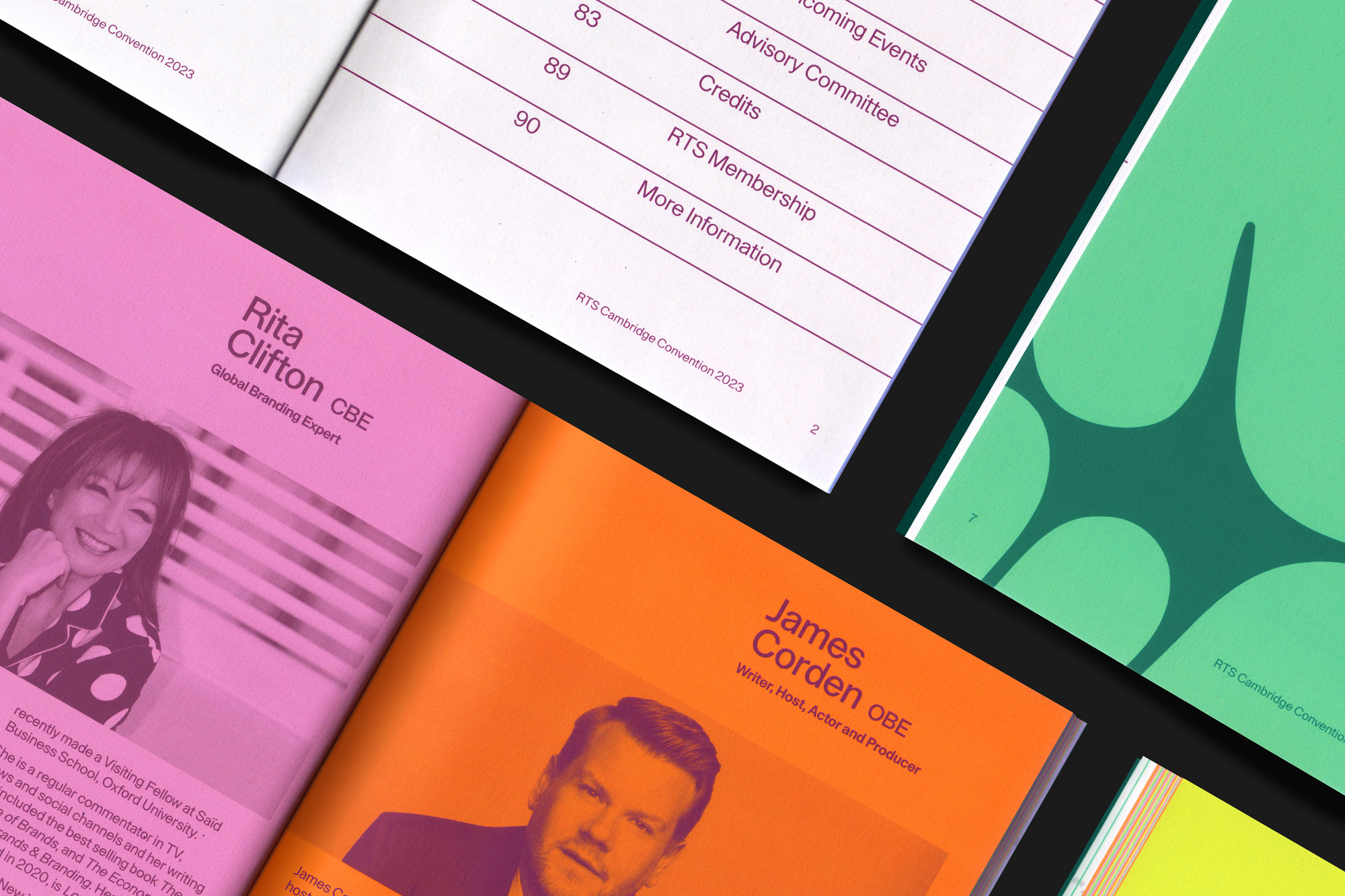 Open pages from the 'RTS Cambridge Convention 2023' booklet feature headshots of speakers Rita Clifton and James Corden. 
