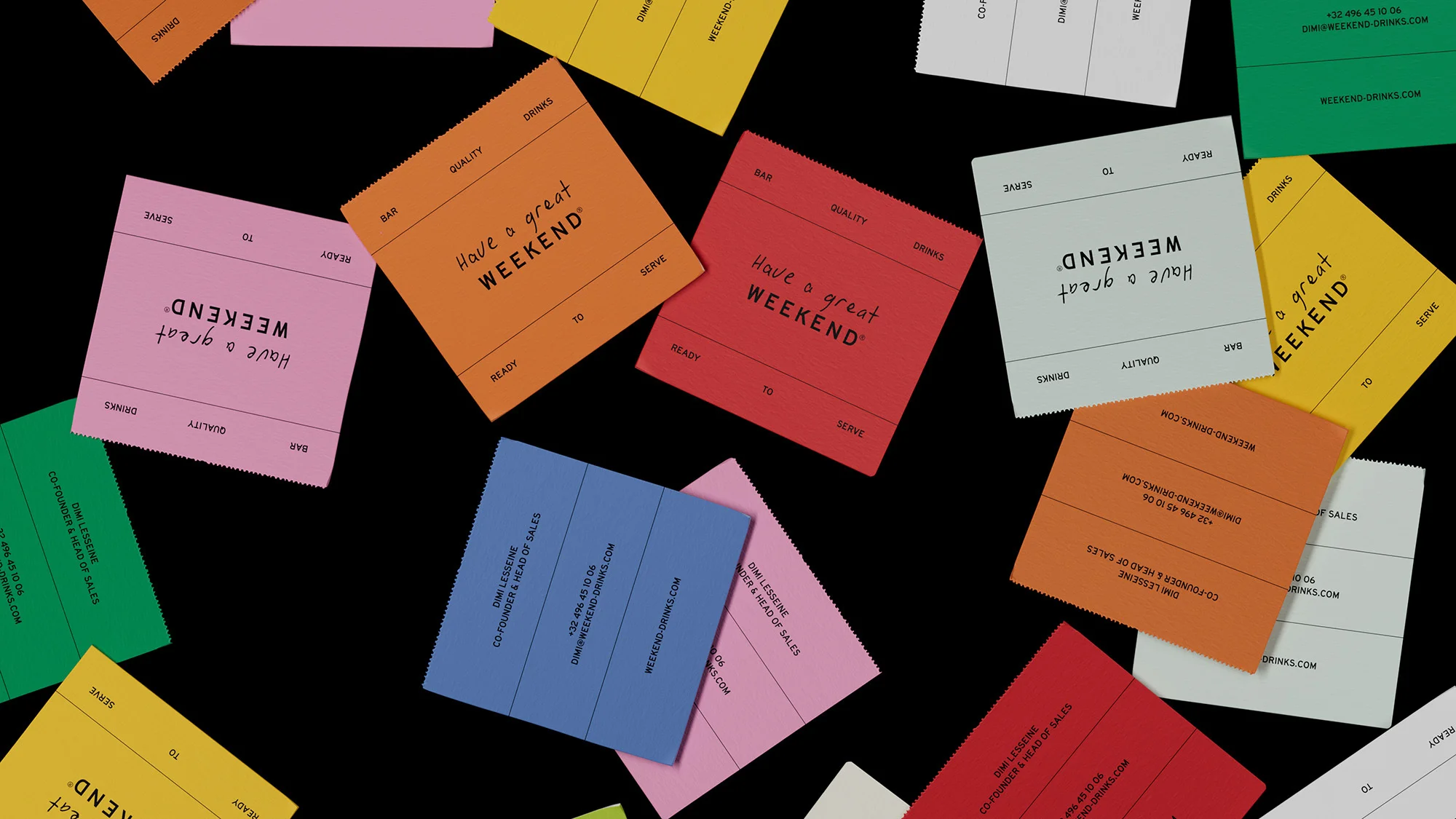 Scattered square cards in assorted colors display 'Have a great WEEKEND' and company contact information against a black backdrop.