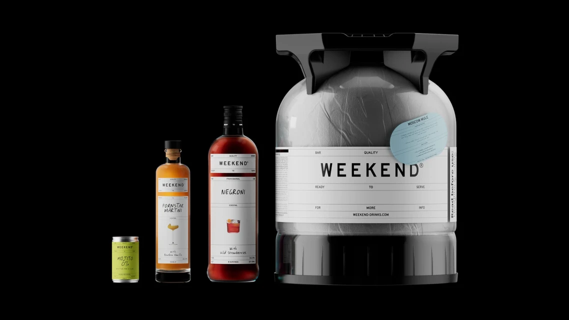 Still life featuring a collection of 'Weekend' brand alcoholic beverage containers in a photo studio setting against a dark background.