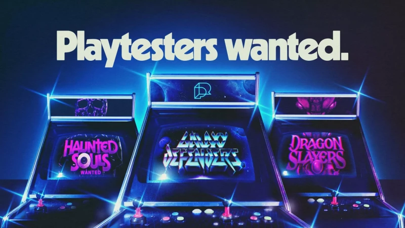 Three retro arcade game machines with screens displaying game titles and the text 'Playtesters Wanted' on a dark blue background.