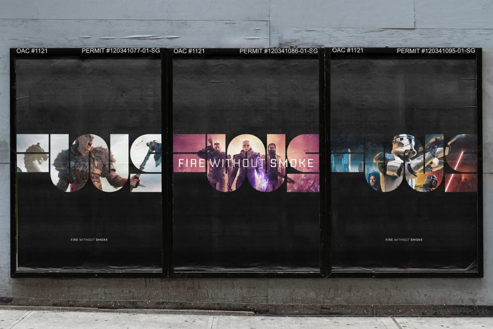 Three black posters advertising 'Fire Without Smoke' are mounted outside, each featuring fragmented images and bold text on a grey wall.