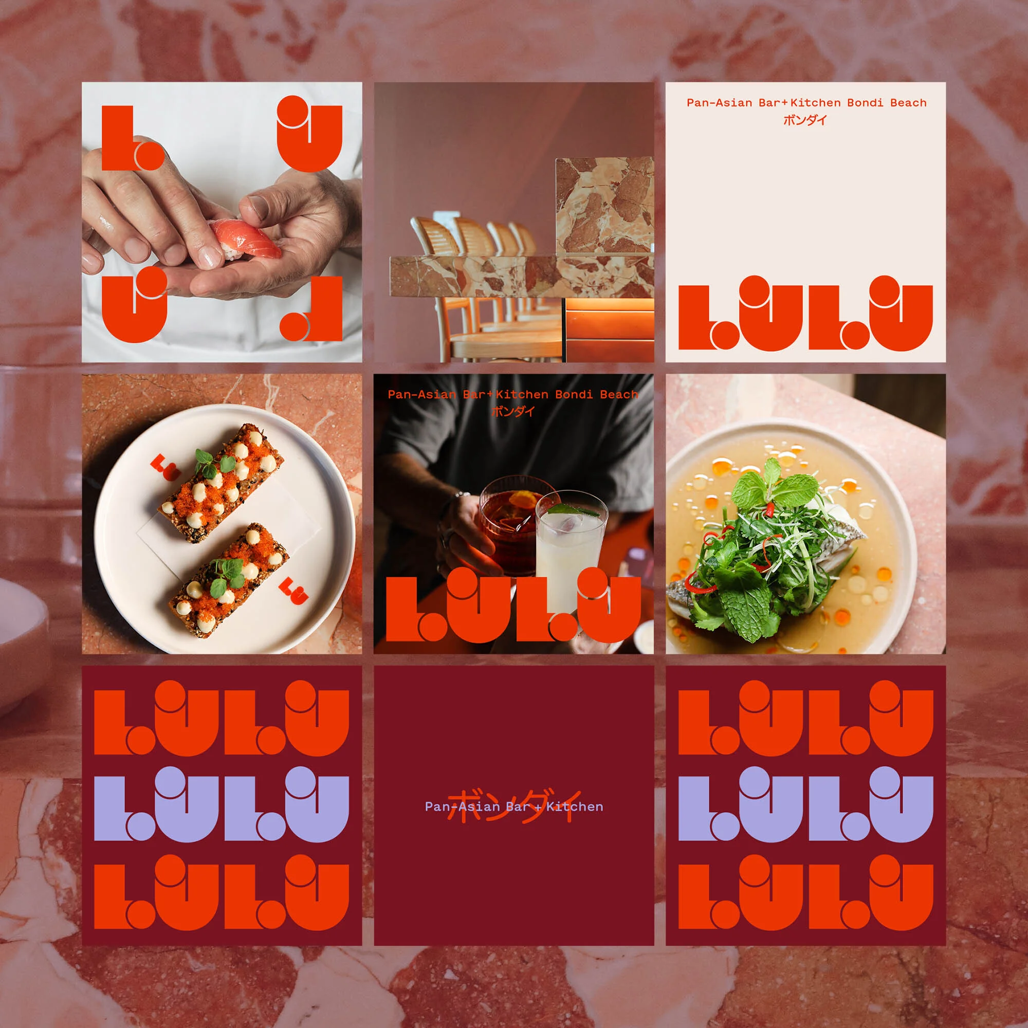 Collage of food and beverage images with the brand name LULU in a geometric font. Pan-Asian Bar+Kitchen Bondi Beach is also present.
