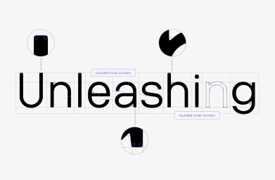 Typographic brand identity design showcasing the word Unleashing on a grid with circular detail callouts by moodley for AIRSKIN