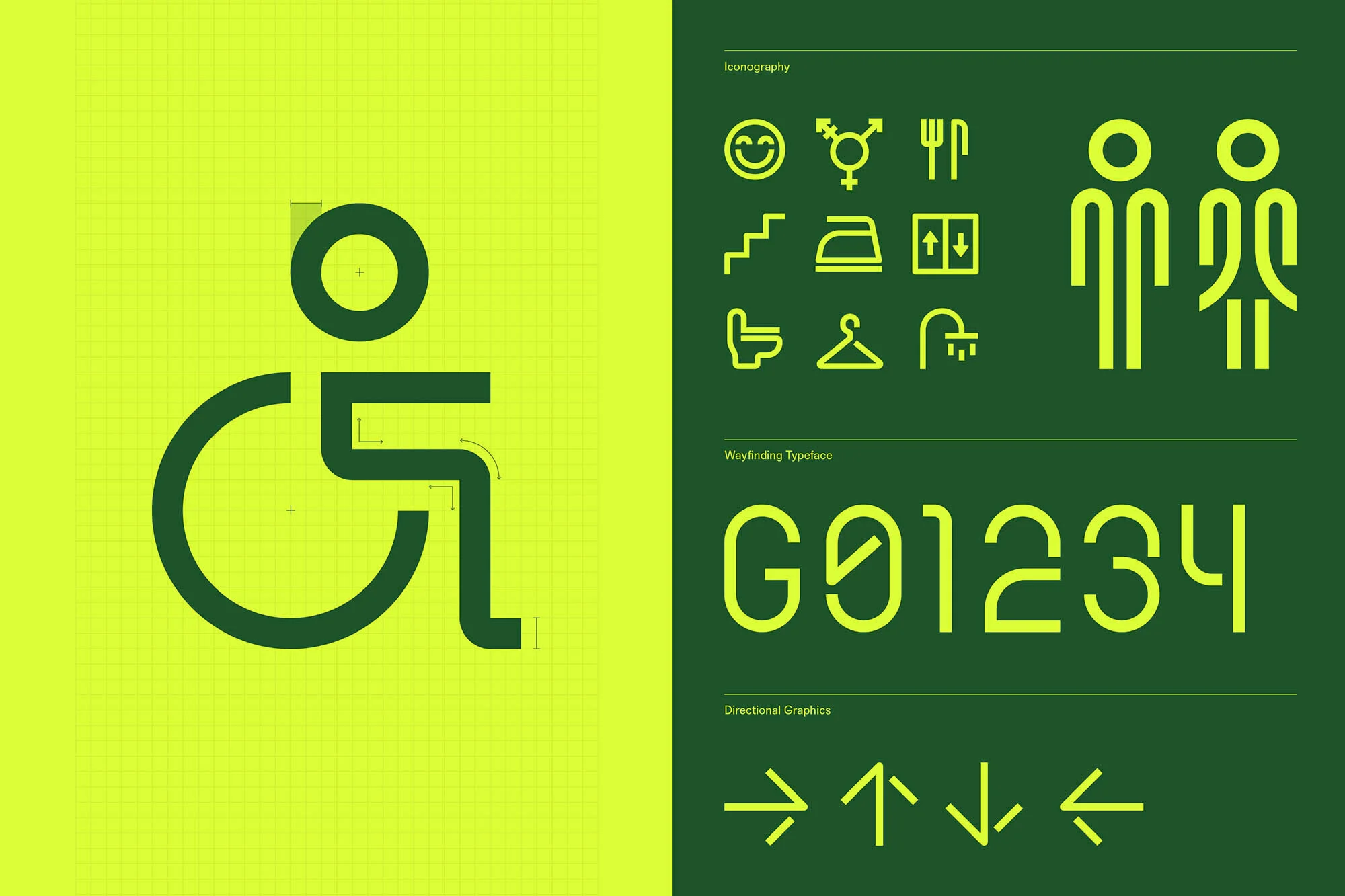 Graphic design featuring a wheelchair access symbol and other icons on contrasting green and yellow background with various typography.