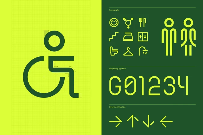 Graphic design featuring a wheelchair access symbol and other icons on contrasting green and yellow background with various typography.