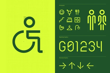 Green brand identity layout showing wheelchair symbol grid lines iconography and wayfinding typography on a split background
