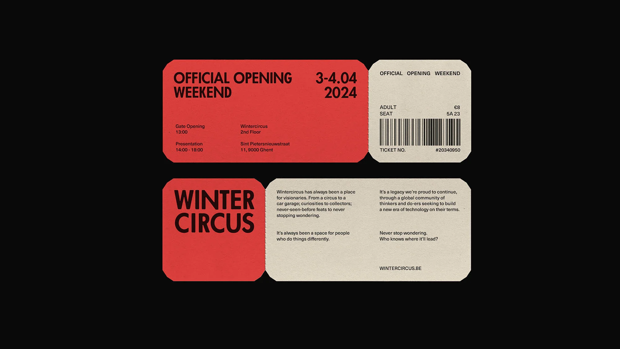 Event promotion for the Wintercircus official opening weekend in Ghent, Belgium, featuring graphic design and ticket elements in beige and red.