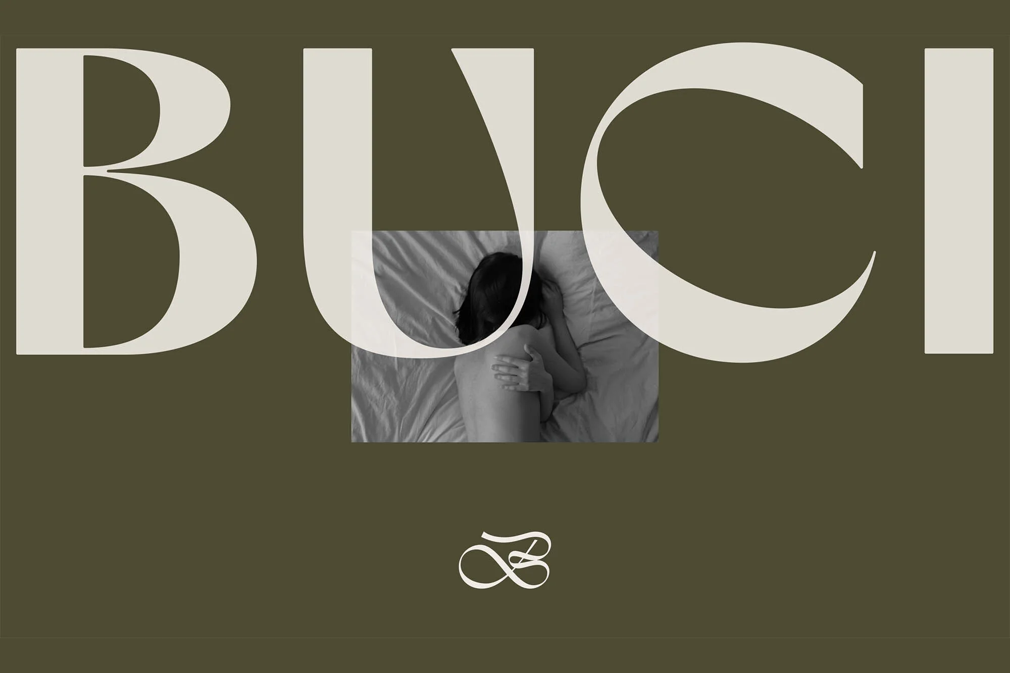 Monochromatic indoor shot of a reclining person on a bed with beige decorative overlay text, set against a muted olive-green backdrop.