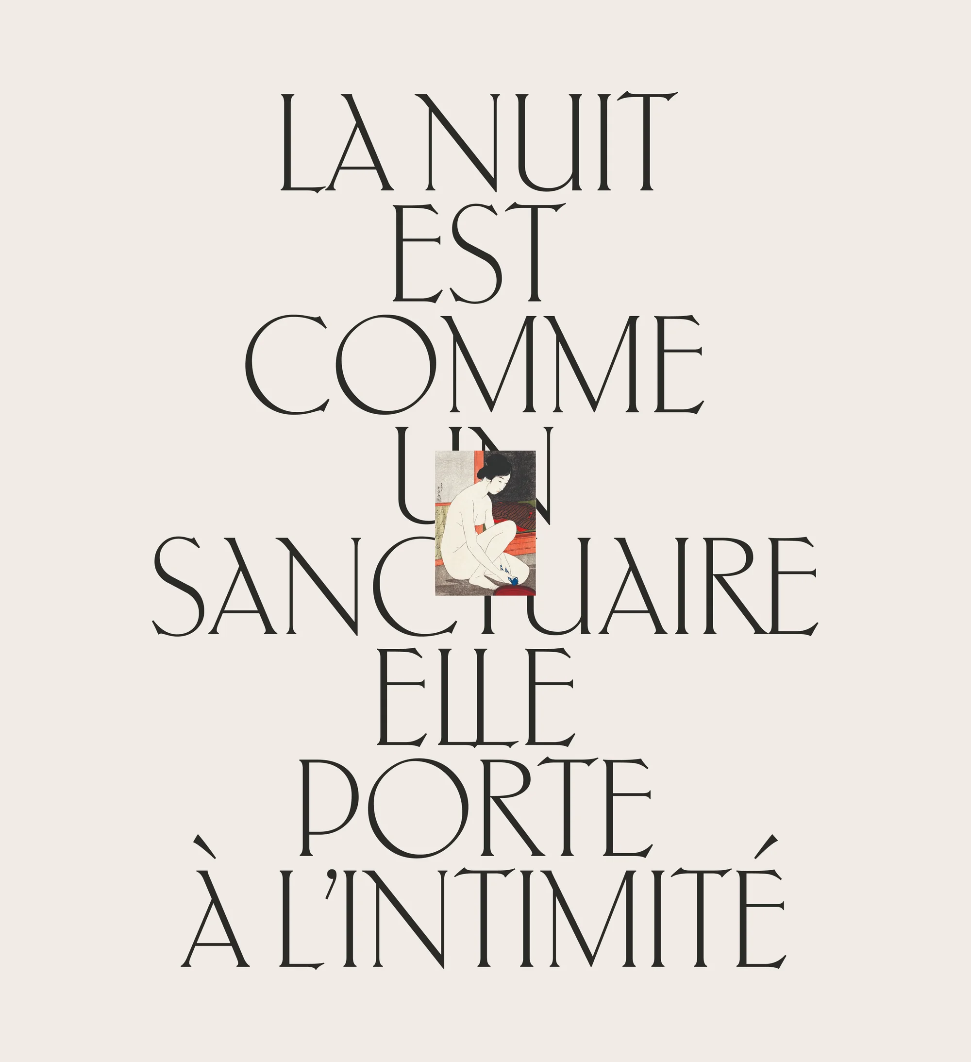 Text-based image features a nude female figure, artfully posed, surrounded by prominent, stylized black text against an off-white backdrop.