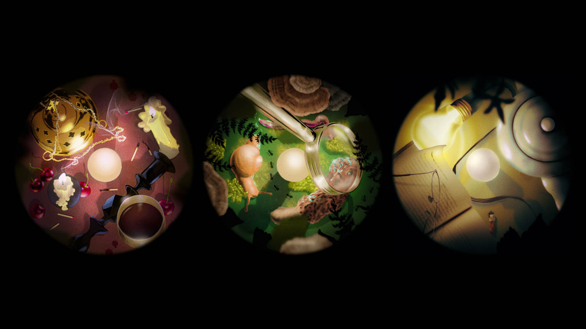 Surreal illustration featuring still-life compositions in circles, with items such as candles, cherries, magnifying glass, and a lightbulb.