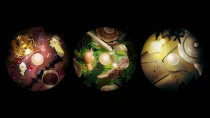 Three circular framed vignettes displaying detailed illustrations including a golden censer, magnifying glass with foliage, and lit bulb.