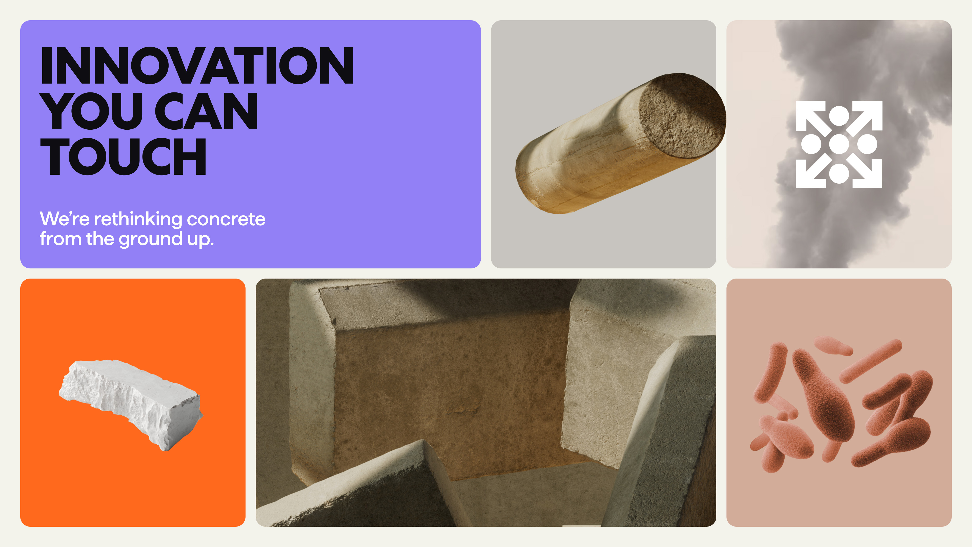 Abstract still life showcasing concrete forms, textures, and material innovation with geometric compositions and neutral color palettes on a light background.