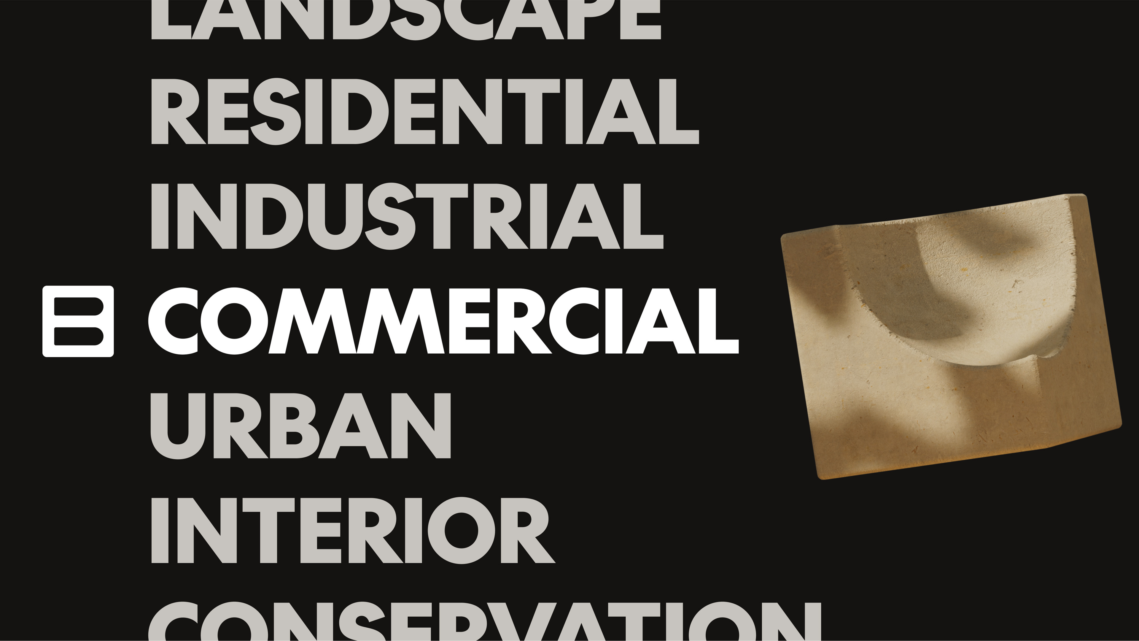Abstract image with tan block shape under shadow, next to text featuring architecture specialisms, against black background.