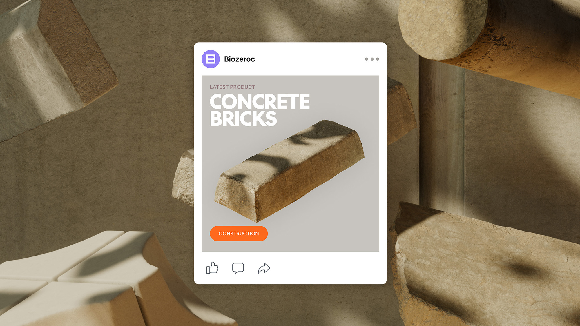 Concrete bricks displayed in a social media post against a studio background with natural shadows and a construction call-to-action.