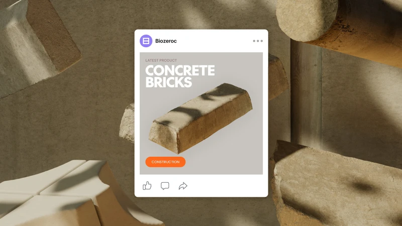 Concrete bricks displayed in a social media post against a studio background with natural shadows and a construction call-to-action.