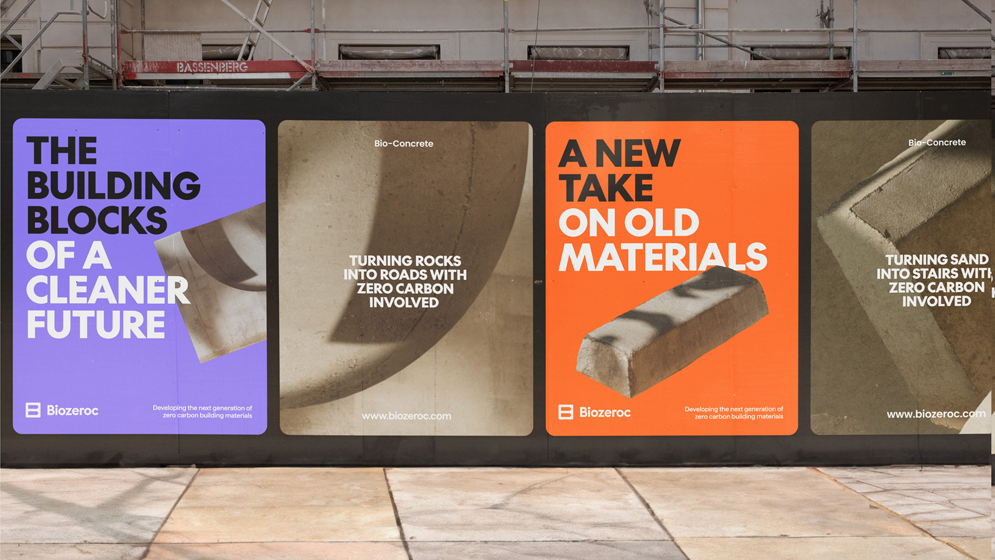 Four posters displayed side-by-side showcase eco-friendly building materials with modern typography and muted color palettes, promoting sustainability.