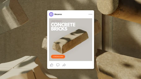 Digital product post for Biozeroc showing a concrete brick graphic against a textured warm neutral background.