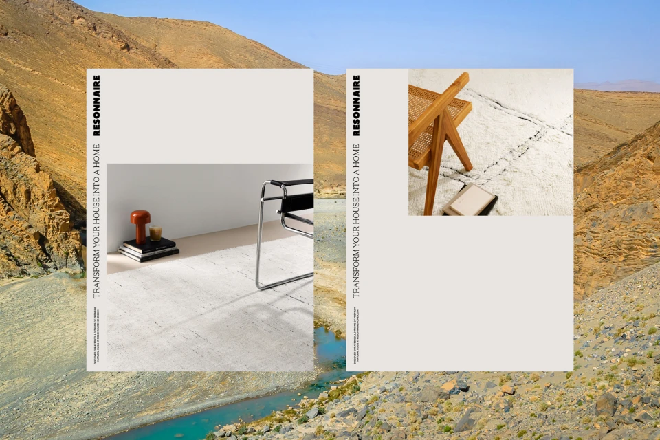 Interior design advertisement featuring modern chairs, a rug, and home decor displayed in two frames with a desert landscape background.