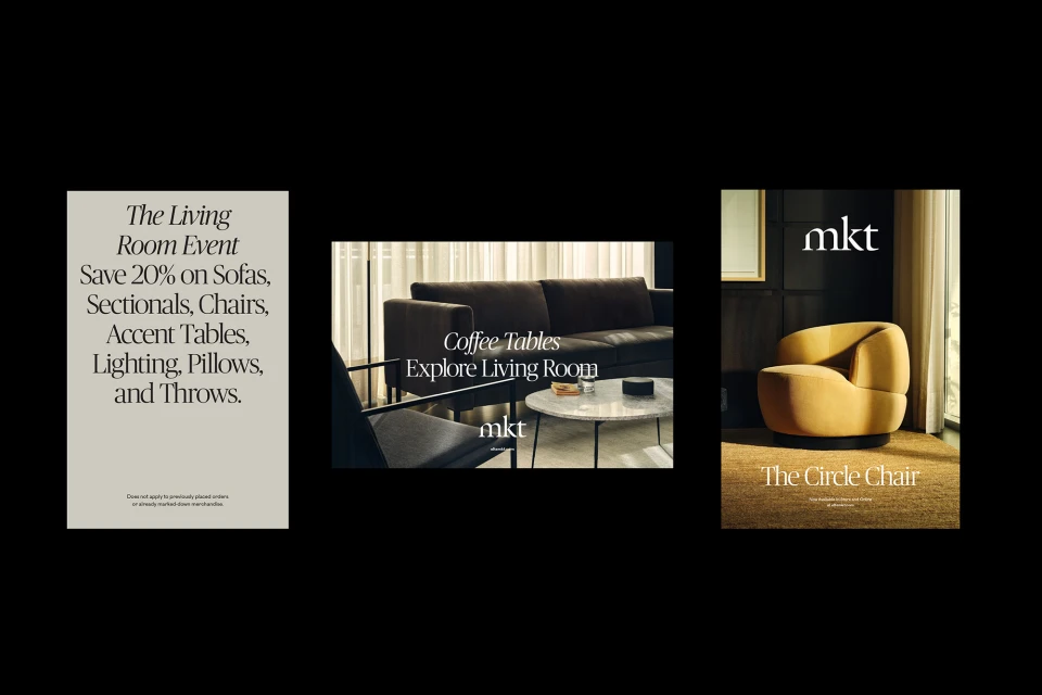 Advertisement featuring living room furniture with a sofa, chair, and coffee table, promoting a sale event with 20% off on select items.