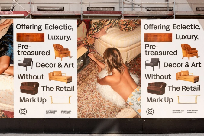 Outdoor advertisement features furniture images and text. A woman reclines in the background. The text promotes discounted, eclectic luxury.