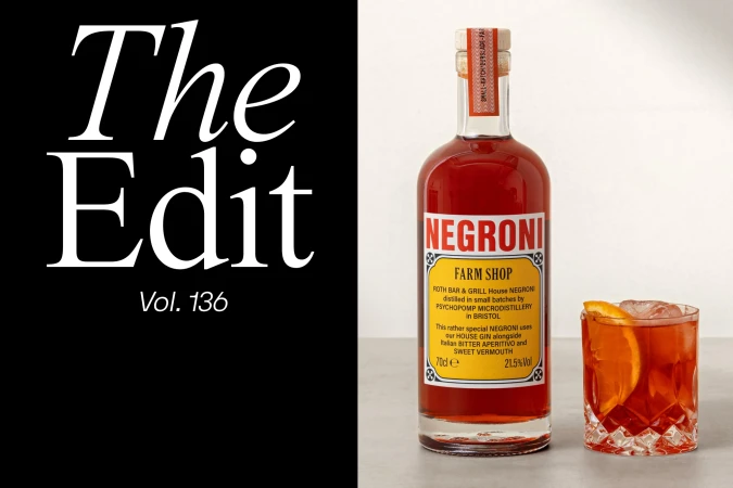A bottle of Negroni cocktail alongside a glass filled with the drink and an orange slice, contrasted against black and white text.