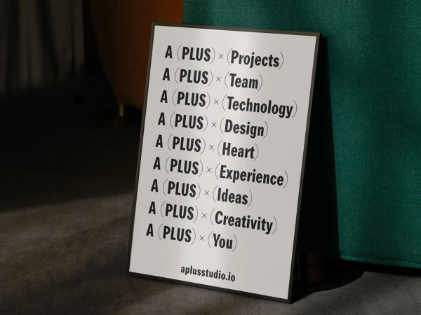 White presentation board with the words 'A Plus' followed by projects, team, technology, design, and other creative concepts.