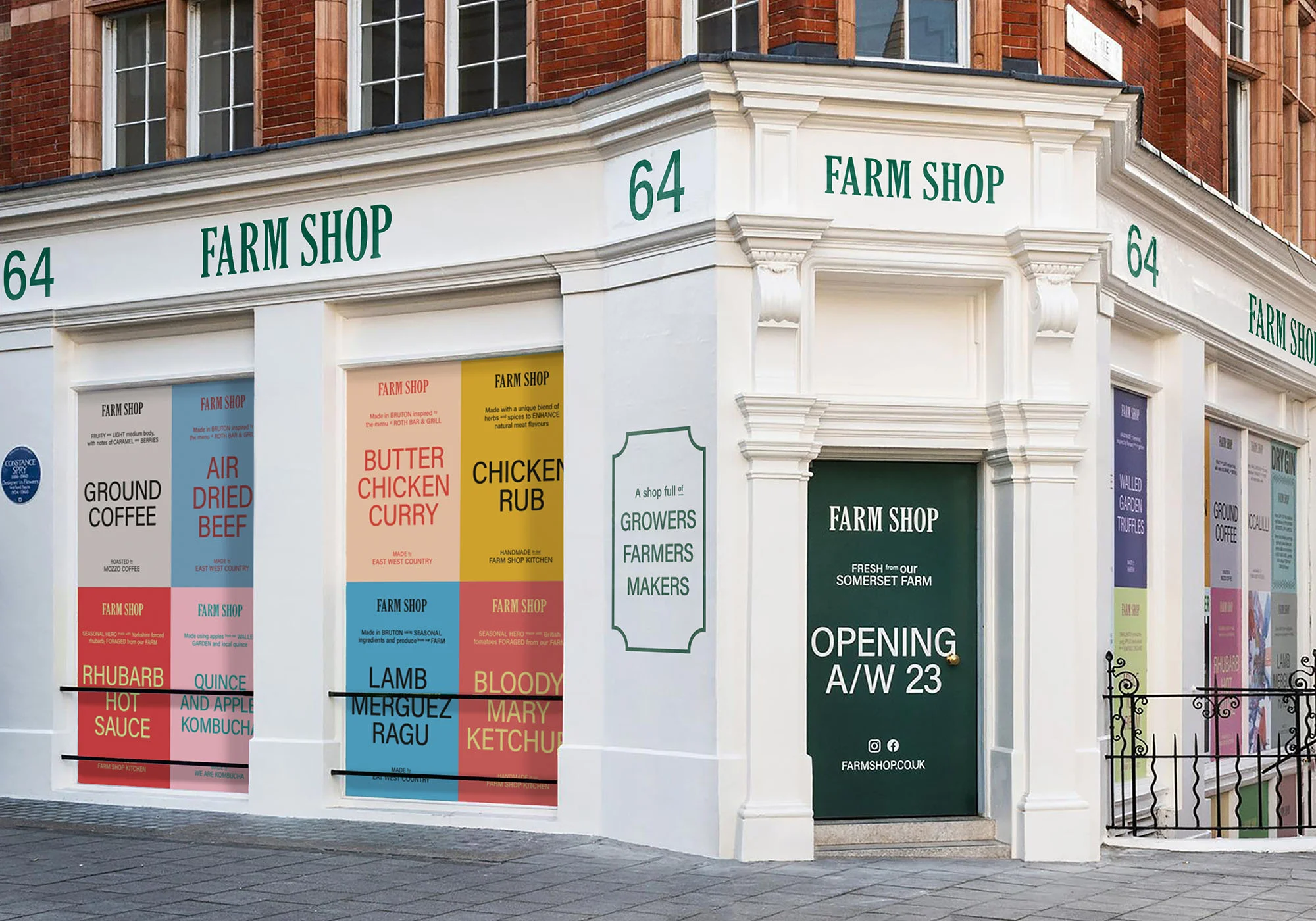 The exterior of a 'Farm Shop' storefront is captured on a sunny day, featuring large window displays with colorful food advertisements.