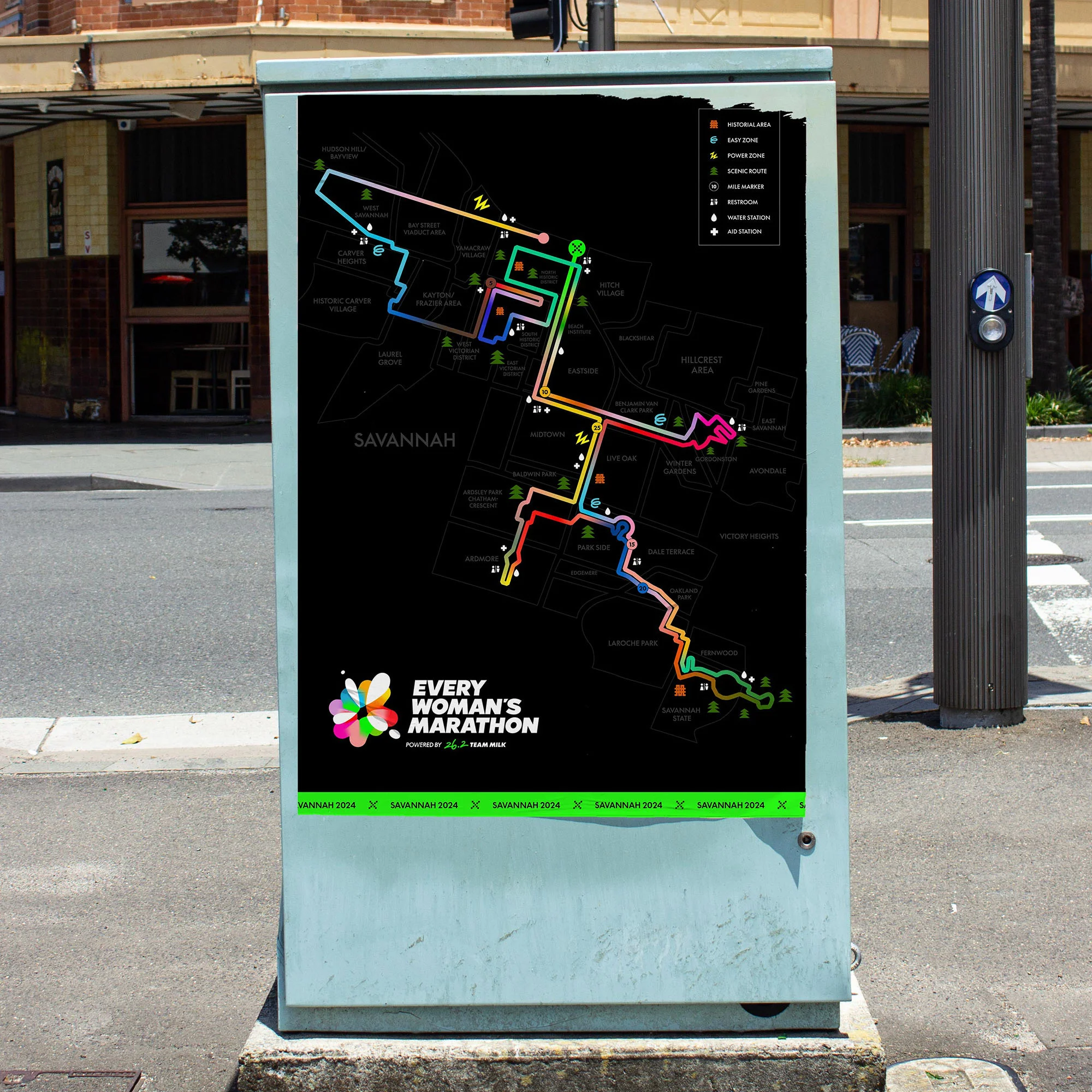 Outdoor advertising on a utility box features a colorful marathon map of Savannah, Georgia, promoting the annual Every Woman's Marathon.