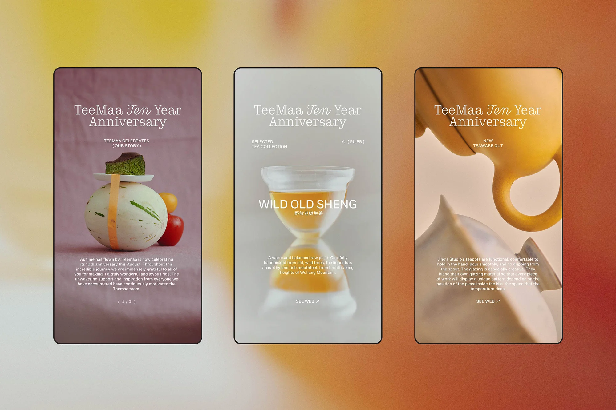 Three digital display mockups showcase Teemaa's tenth anniversary with graphics of cake, tea, and ceramic art; warm, muted tones.