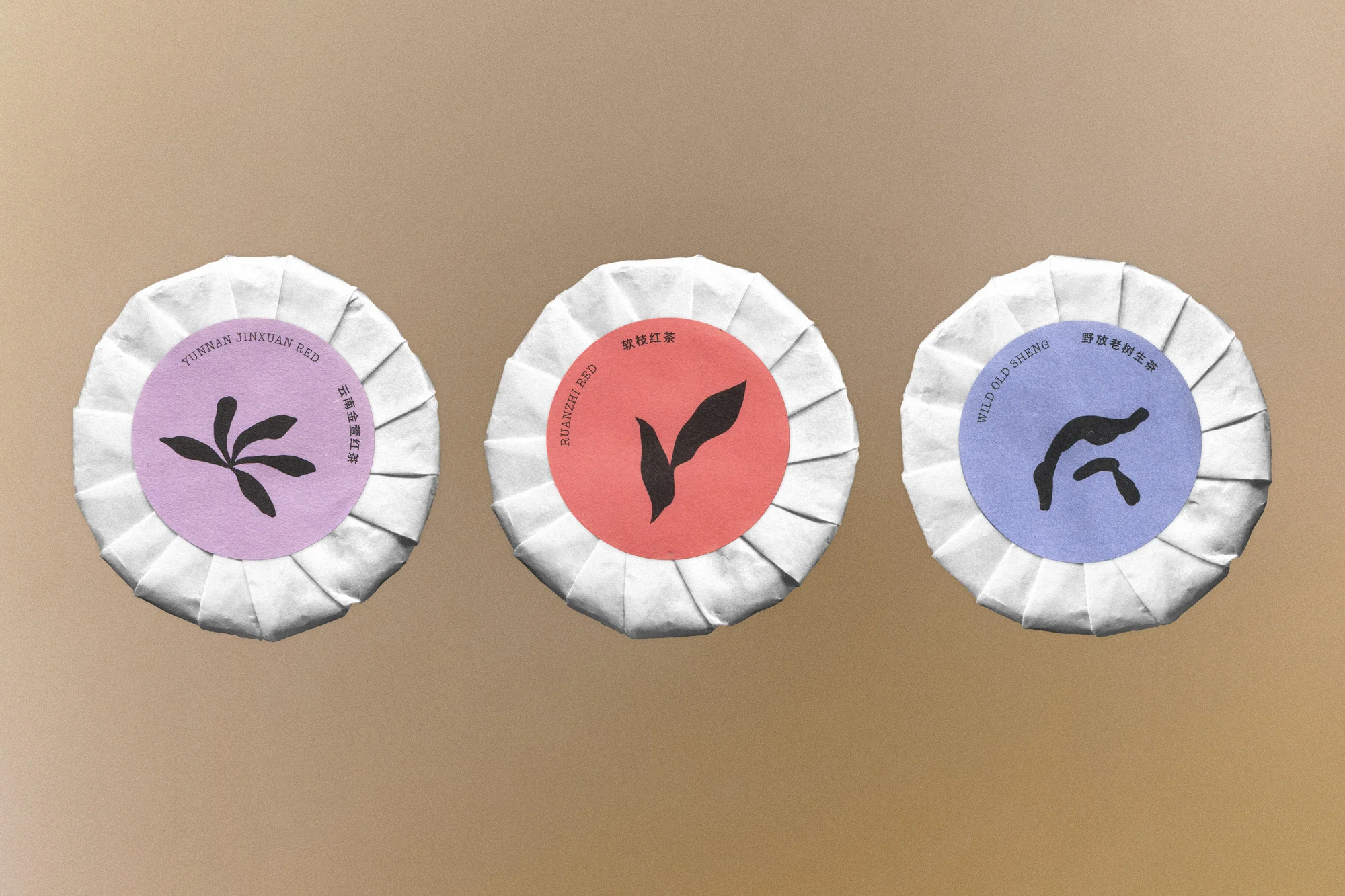 Three circular tea cakes with colorful labels and abstract leaf designs on a neutral background. Close-up studio shot.