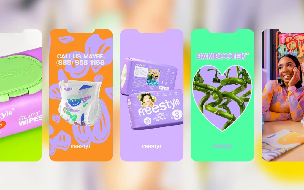 Product shots of baby wipes and diapers with lifestyle product photography featuring a woman at a table, set against bright backgrounds.