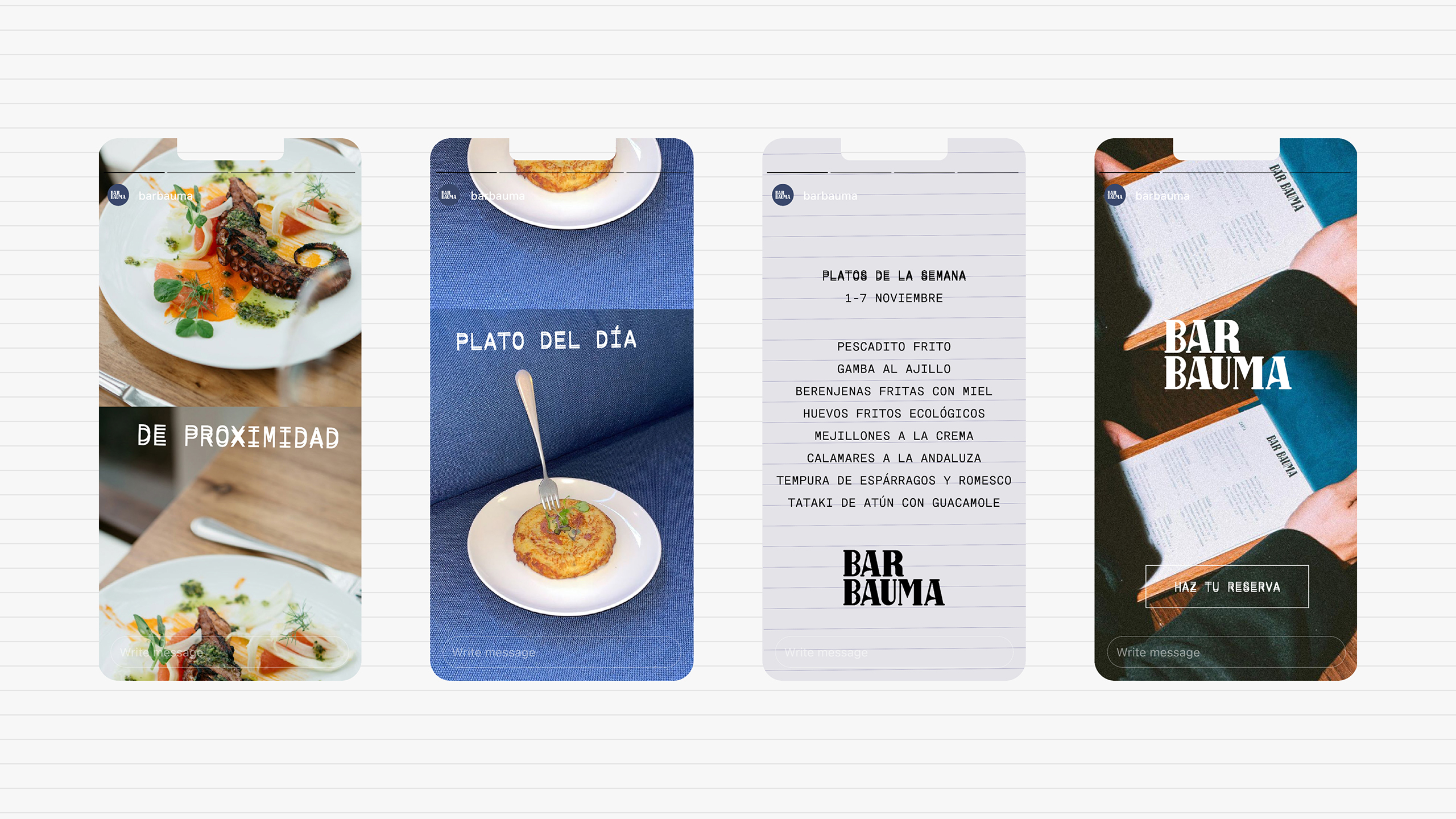 Social media posts displaying plates of food and restaurant menus for Bar Bauma, showcasing culinary dishes and weekly specials.