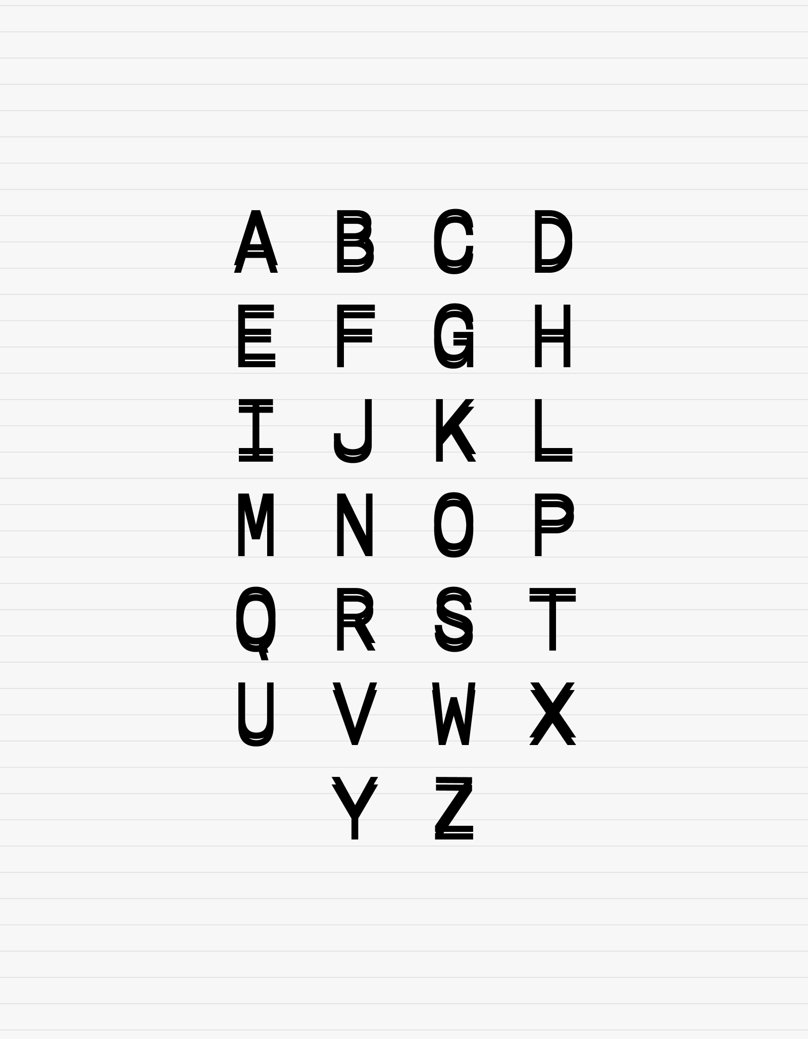 Alphabet displayed in a grid with black sans-serif font on a white horizontally lined background. Each letter is made up of two parallel lines.