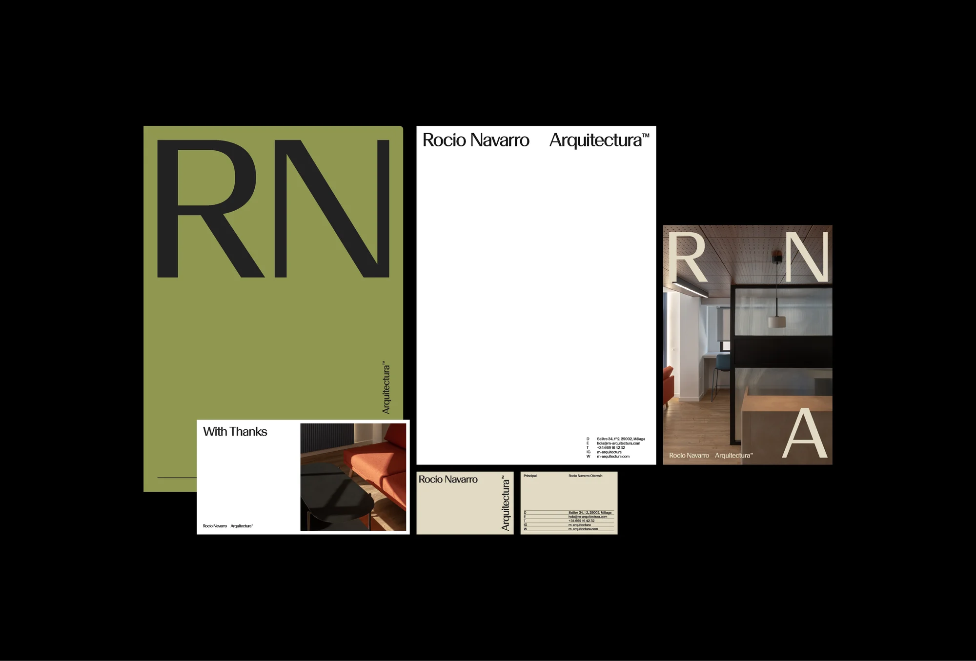 Graphic design layout featuring architectural branding elements: letterhead, business card, and interior photograph on a black backdrop.