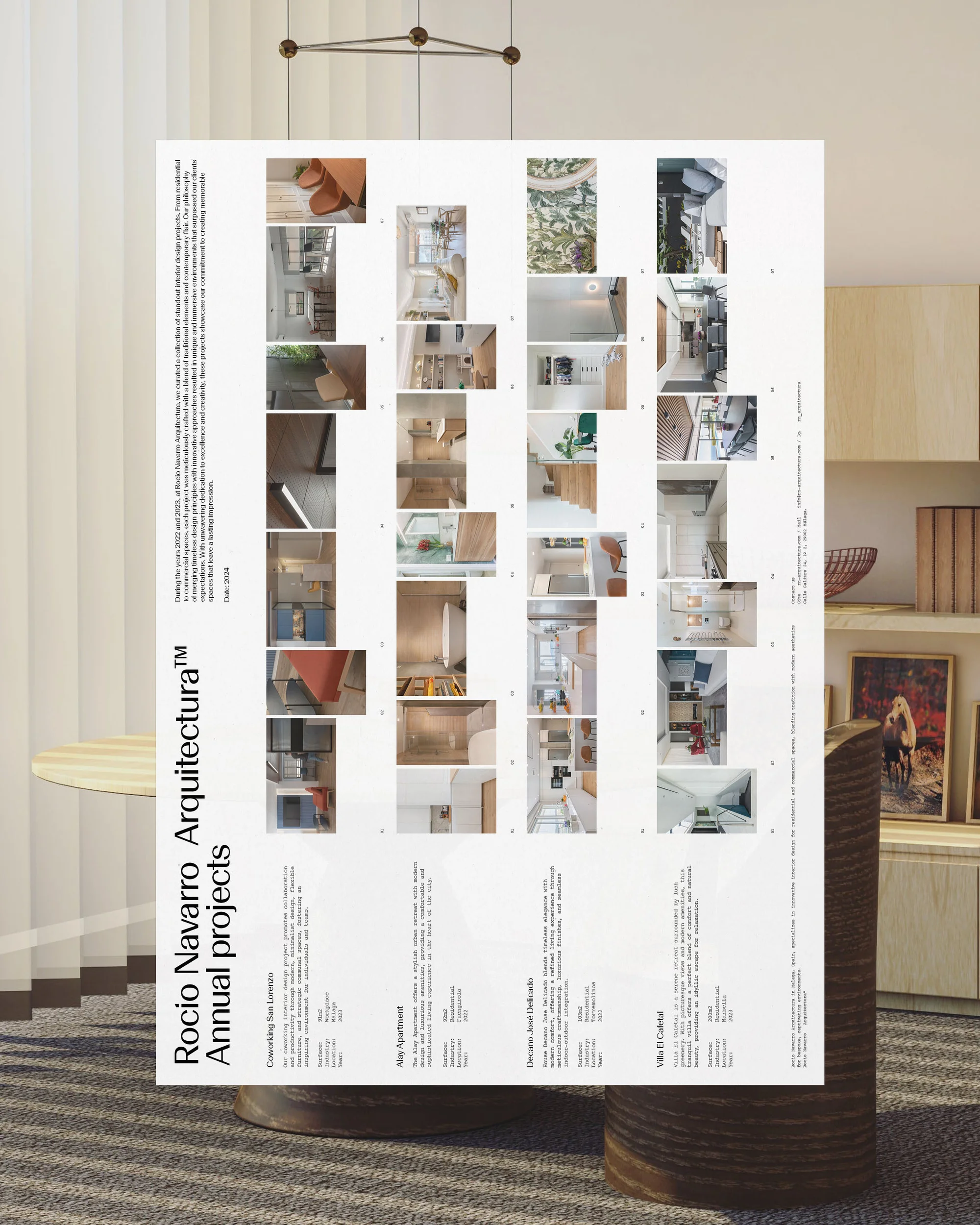 Promotional poster for Rocio Navarro Arquitectura featuring a grid of interior architecture projects, displayed in an indoor setting.