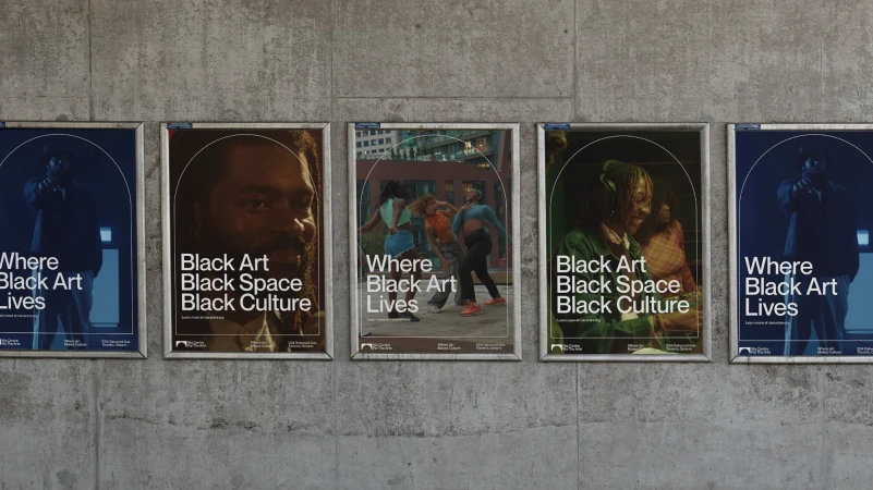 Five framed posters featuring diverse African American figures and the text 'Where Black Art Lives' and 'Black Art Black Space Black Culture'.