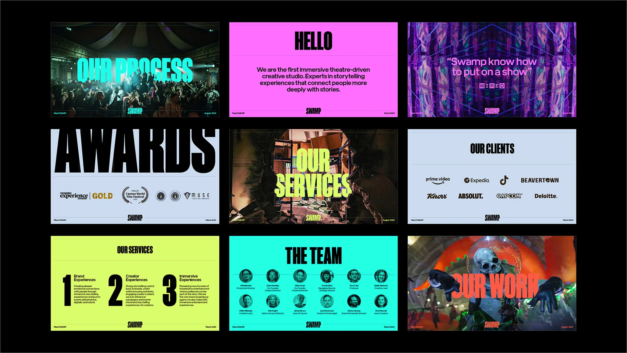 Collage of nine slides showcasing Swamp creative studio's work, clients, team, and awards using text, logos, photos, and vibrant color backgrounds.
