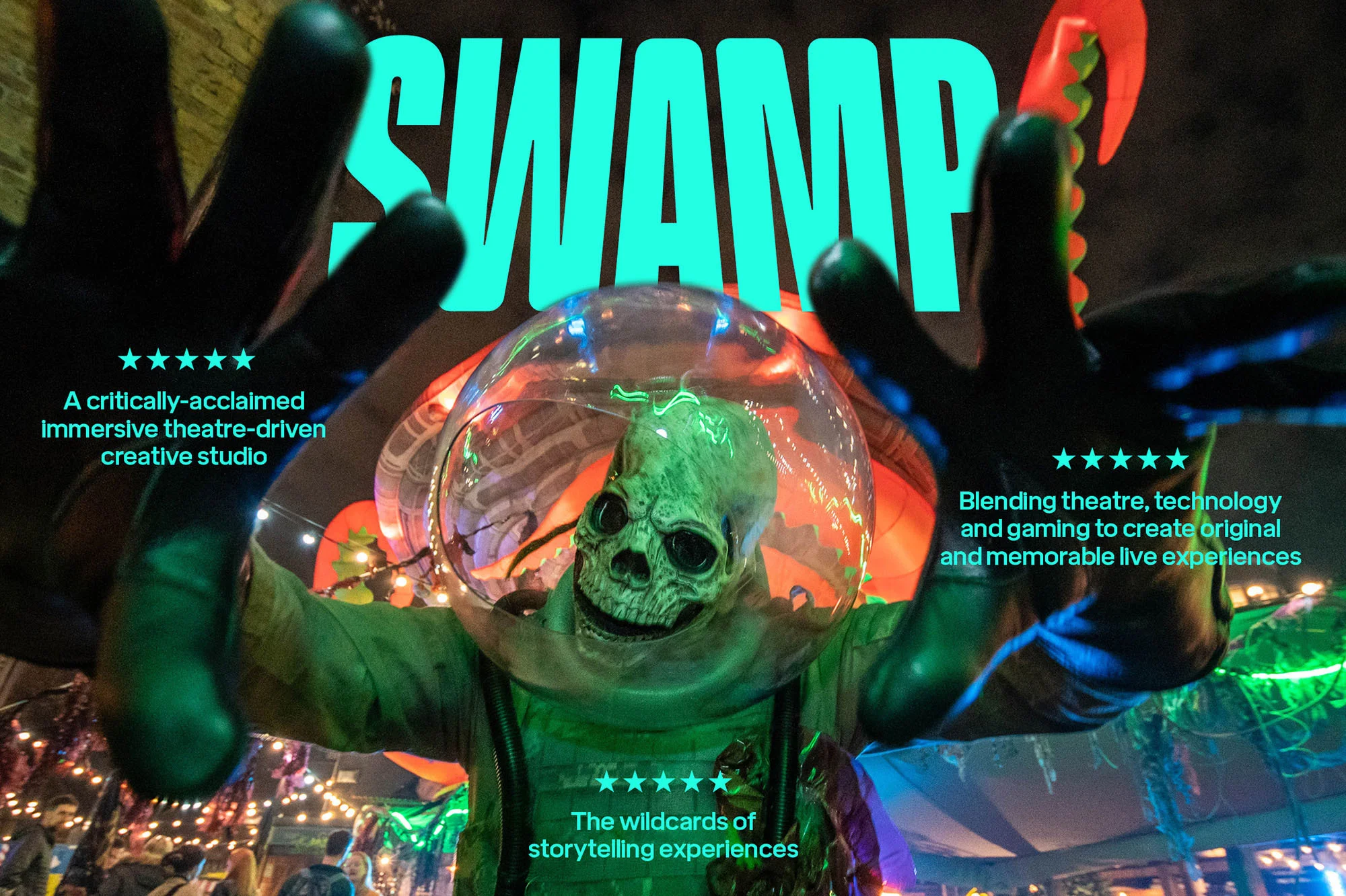 A person in a theatrical costume with a skull mask and helmet raises their arms toward the viewer, with 'SWAMP' text overlaying the scene.