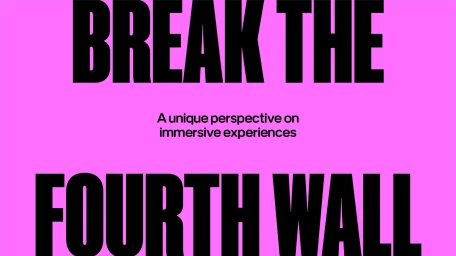Bold typography on vivid pink background reading BREAK THE FOURTH WALL with smaller text below for SWAMP brand identity.