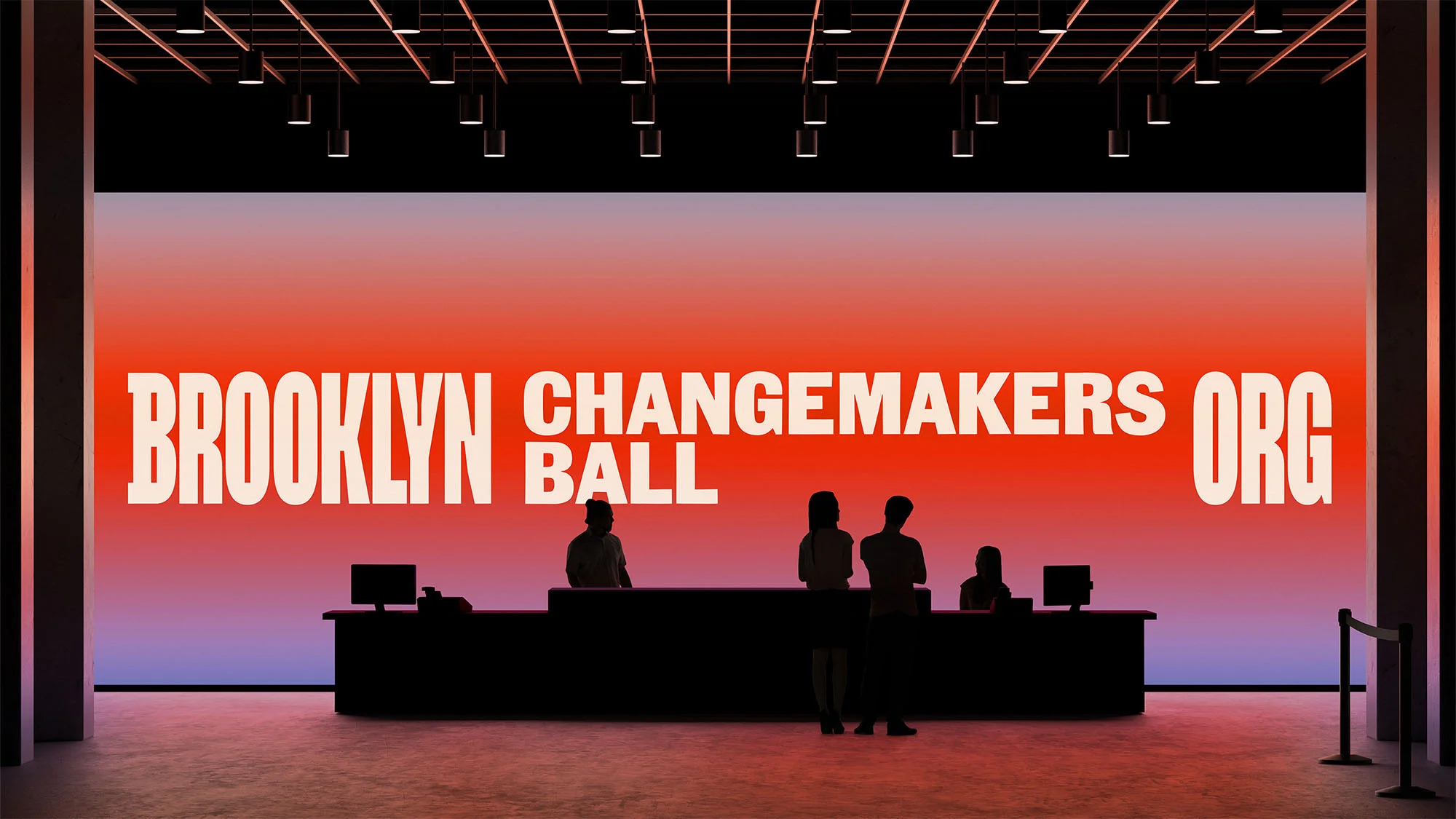 Indoor event space features silhouetted figures in front of a vibrant gradient backdrop displaying 'Brooklyn Changemakers Ball'.