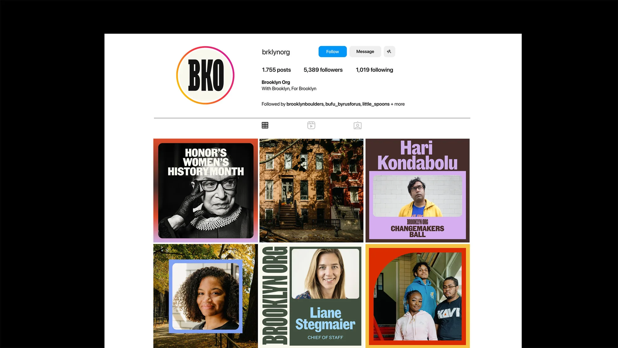 Instagram feed of Brooklyn Org posts, including images of Ruth Bader Ginsburg, buildings, Hari Kondabolu, and portraits of women and groups.