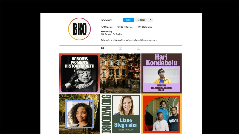 Instagram feed of Brooklyn Org posts, including images of Ruth Bader Ginsburg, buildings, Hari Kondabolu, and portraits of women and groups.