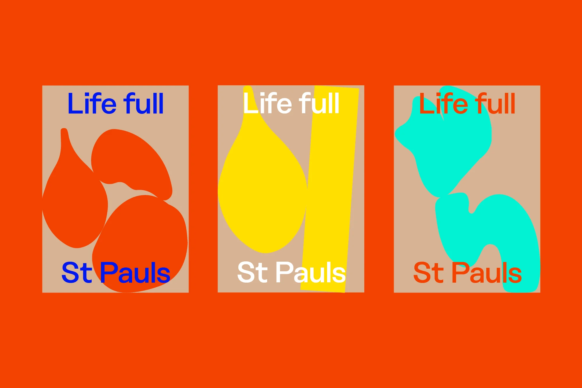 Abstract art featuring blocks of color and text 'Life full' and 'St Pauls', set against a vibrant orange backdrop.